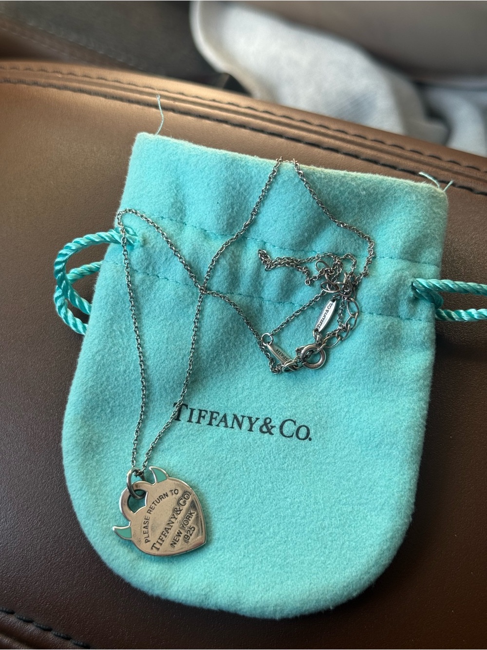 Tiffany & Co. Silver Heart Tag devil charm & chain with dust bag!